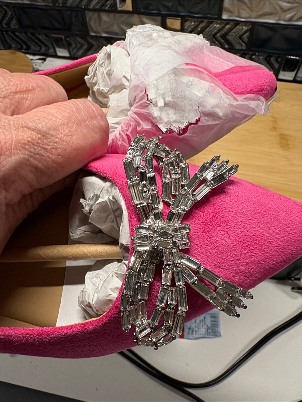 Hot Pink Pointed-Toe Flats with Crystal Bow Accent - Picture 7 of 7